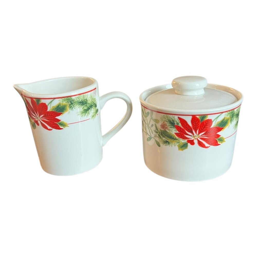 Vtg American Atelier Floral Christmas Creamer 3.5" T & Sugar Bowl w/Lid 3" Tall
